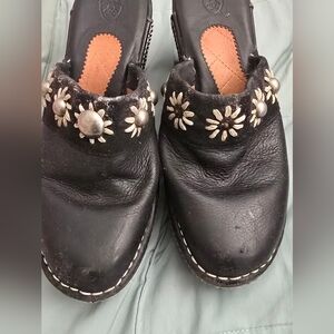 Ariat Black Leather Mules with Silver Floral Accents